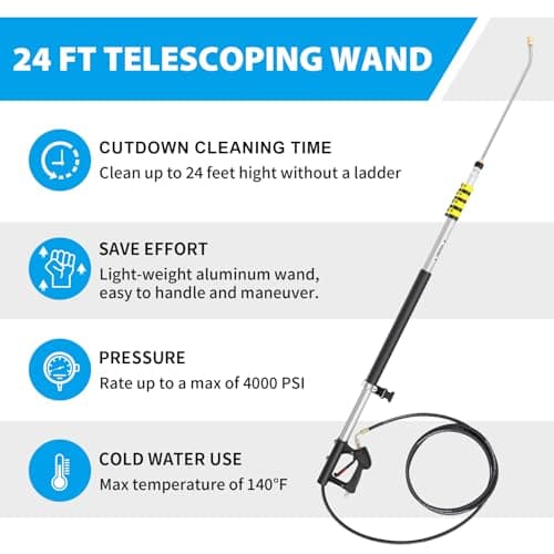 24 FT Telescoping Pressure Washer Wand Extension, Aluminum Power Washer Extension Wand with 7 Nozzle Tips, 3 Adapters & Support Harness, Gutter Cleaning Tools for 2 Story House