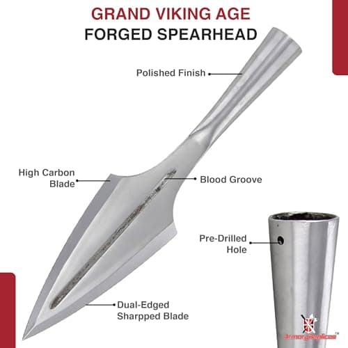 Armory Replicas Functional Viking Age Real Spear Head Attachment- Hand Forged Tempered Carbon Steel Medieval Reenactment Spear Head - Shaft Not Included