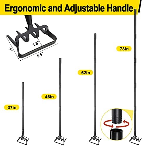 Garden Hoe, Cultivator Stirrup Hoe Garden Tool for Weeding, 73 Inch Heavy Duty Hula Hoe with Adjustable Long Handle, Scuffle Loop Hoe with Rake 2-in-1 Gardening Tool for Loosening Pulling Weed