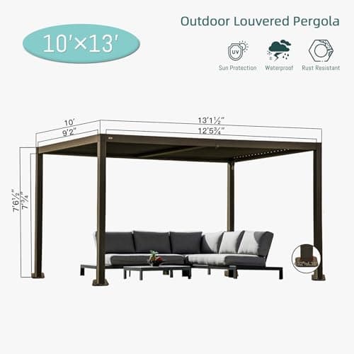Domi Outdoor Living 10’ X 13’ Outdoor Louvered Pergola Aluminum Patio Garden Pergola with Adjustable Roof for Backyard, Garden w/Curtains and Netting (Dark Brown)
