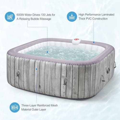 Inflatable Spa Set, Blow Up Hot Tub Outdoor for 4-6 Person, Outdoor Bubble Massage Portable Hot Tub with 130 Soothing Jets, Built in Heater Pump and 6 Filter Cartridges (Square)