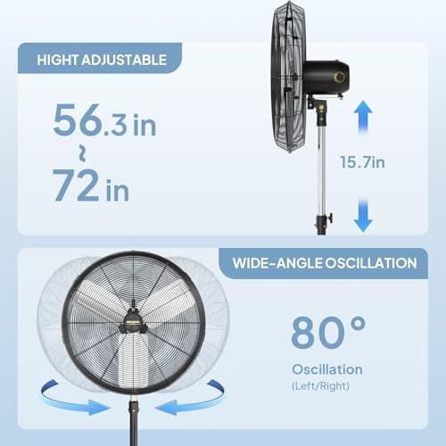 ROVSUN 24 Inch Industrial Pedestal Fan,7600CFM High Velocity and Heavy Duty Standing Fan, Low Noise Metal Fan with One-touch Oscillating Function, Adjustable Height, for Shop, Patio, Garage, UL Listed