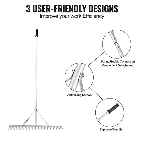 VEVOR Landscape Rake, 36" Head Aluminum Lake Weed Rake with 75" Long Handle for Loosening Soil, Lawn Care, Weeding Lake, Garden, Silver