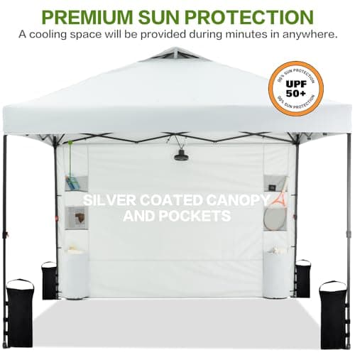 10'x10' Pop Up Canopy Tent with 1 Sidewall and 6 Pockets, One Push Setup, Instant Shade Tent with Vented Roof for Beach Patio Outdoor, Case, 8 Stakes, 4 Ropes, 4 Sandbags (White)