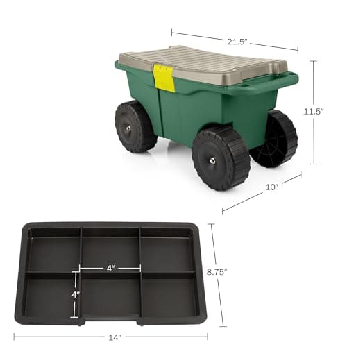 Rolling Garden Cart with Seat - Plastic Storage with Bench and Interior Tool Tray - Gardening Stool for Weeding and Planting By Pure Garden (Green)