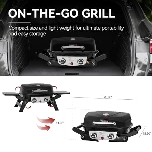 Royal Gourmet GT2005 2-Burner Portable Propane Gas Grill with Foldable Side Tables & Foldable Support Legs, Tabletop Gas Grill with Warming Rack for for Outdoor Cooking & Grilling, Black