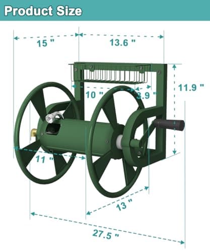 Garden Wall Mounted Hose Reel, Outdoor Heavy-Duty Water Hose Holder Winder, Holds 125 Feet of 5/8-Inch Hose, with 3.9 ft Leader Hose, Brass Fitting and Storage Basket for Yard, Green
