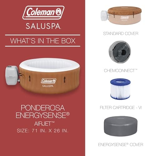 Coleman Ponderosa AirJet 2 to 4 Person Inflatable Hot Tub Round Portable Outdoor Spa w/ 120 AirJets & EnergySense Energy Saving Cover, Orange