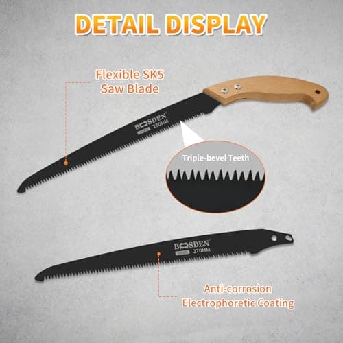BOOSDEN 11'' Hand Pruning Saw, Japanese Trim Saw with Wood Handle, Hand Saws for Tree Trimming, Camping, Woodworking, Gardening