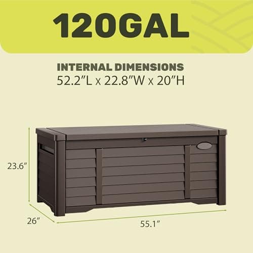 YITAHOME 120 Gallon Large Outdoor Storage Deck Box, Waterproof Cushion Storage Bench with Lockable Lid for Patio, Pool Supplies, Garden Tools, Resin, Dark Brown