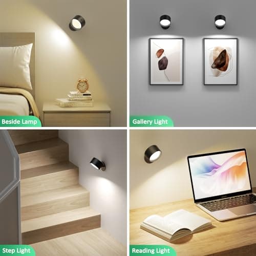 LED Wall Mounted Lights 2 Pcs with Remote, Wall Sconces Lamp 3000mAh Rechargeable Battery Operated, 3 Color Temperatures & Dimmable Magnetic 360° Rotation Cordless Light for Bedroom Bedside