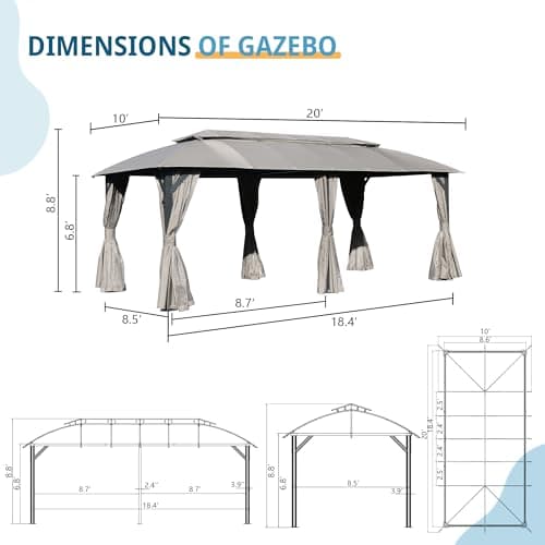Domi Gazebo 10x20FT, Outdoor Gazebo with Double Roofs, Privacy Curtains, Mosquito Nettings, Heavy Duty Metal Frame Party Tent Canopy for Patio, Backyard, Deck, Lawn, Grey