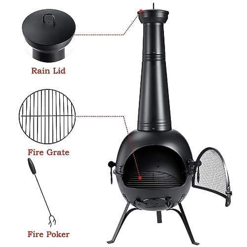 SINGLYFIRE Prairie Fire Outdoor Chiminea Fireplace Deck or Patio Backyard Wooden Fire Pit with Chiminea Cover Rust-Free Iron Black