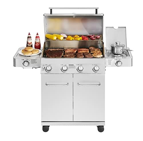 Monument Grills Larger 4-Burner Propane Gas Grills Stainless Steel Cabinet Style with Side & Side Sear Burners, Built-In Thermometer, and Knob Controls