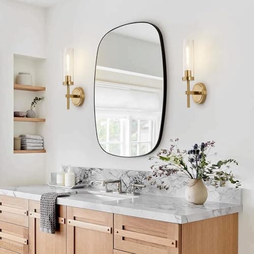 Gold Wall Sconces Set of 2, Modern Bathroom Sconces Wall Lighting Vanity Light Fixtures with Clear Glass, Brushed Brass Wall Mount Lights for Living Room Corridor Mirror Bedroom Stairs
