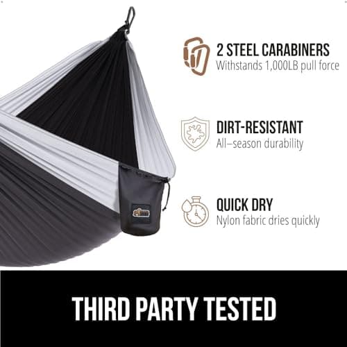 GORILLA GRIP Durable Portable Camping Hammock, Holds 400lbs with Heavy Duty Tree Straps, Comfortable Travel Swing, Camp Hammocks, Easy to Use and Install, Outdoor Essentials, Black, 9x4.5 FT
