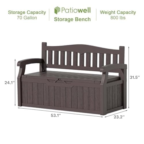 Patiowell 70 Gallon Plastic Storage Bench, Water-Resistant Deck Box for Patio Furniture, Garden Tools, Pool Storage and Outdoor Cushions, Brown