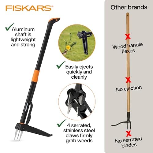 Fiskars 4-Claw Stand Up Weed Puller Tool, Gardening Hand Weeding Tool with 39" Long Ergonomic Handle with Easy-Eject Mechanism
