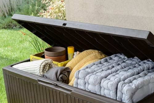 Keter Springwood 80 Gallon Resin Outdoor Storage Box for Patio Furniture Cushions and Garden Tools with Handles, Brown