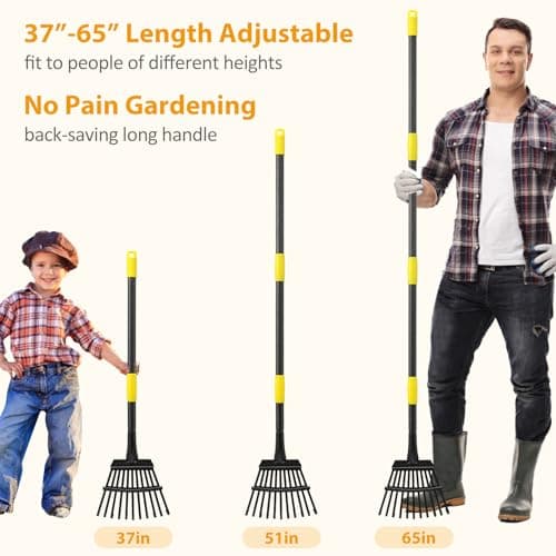 Rake, Garden Leaf Rakes for Lawns Heavy Duty, Yard Metal Rake Tools with 9" Small Narrow Rake Head, 65” Adjustable Long Handle, 11 Steel Tines, Quick Clean up Rake for Shrub, Flower Bed, Camping