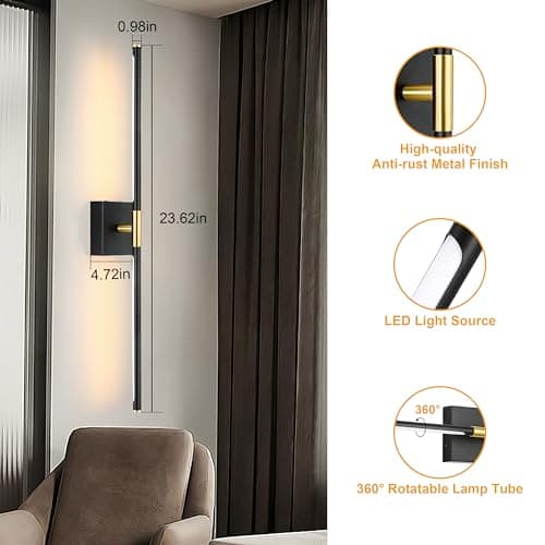 Wall Sconces Set of 2, Modern Hardwired Sconces Wall Decor, 24 Inch Dimmable Sconces Wall Lighting, Black Gold Wall Light Fixtures, 3000K LED Wall Lights for Bedroom, Living Room, Bathroom