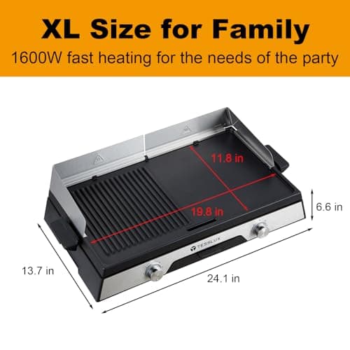 XL Electric Indoor Grill, 20” Non-stick Griddle Combo, 1600W Fast Heating, Dual Temperature Control, Detachable for Easy Cleaning