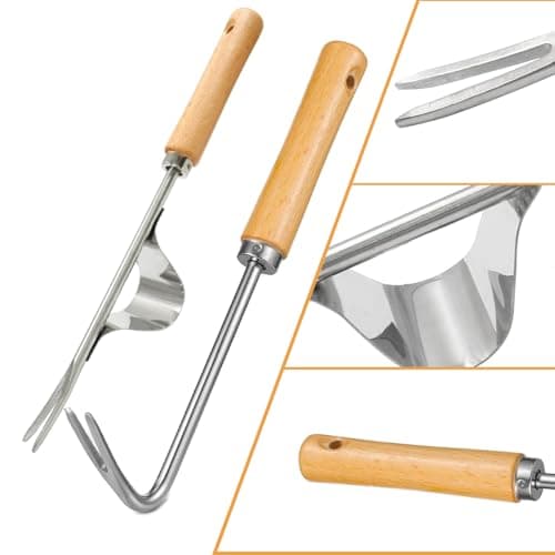 Hand Dibber, Stainless Steel Sow Dibbler with Wood Handle, Garden Hole Punch Dibbler Tool for Planting Seeds & Bulbs (Medium Log Color Hooked)