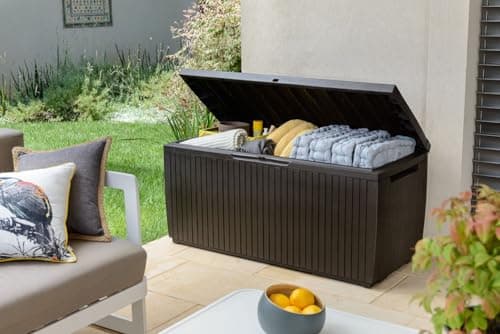 Keter Springwood 80 Gallon Resin Outdoor Storage Box for Patio Furniture Cushions and Garden Tools with Handles, Brown