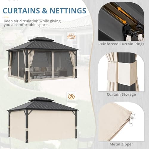 LUE BONA 12'x14' Hardtop Gazebos, Aluminum Frame Permanent Pavilion with Curtains and Netting, Double Galvanized Steel Roof Gazebo Outdoor, Metal Gazebo Canopy for Garden, Lawns, Patio, Black