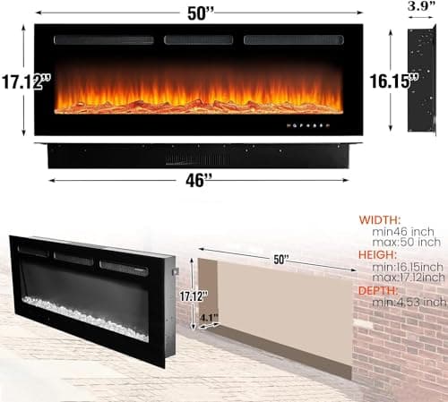 oneinmil Electric Fireplace, 50 inch Wide Recessed/Wall Mounted Electric Fireplace, Remote Control with Timer 12 Adjustable Color Flame, Remote Control,with Crystal Stone, 750/1500W