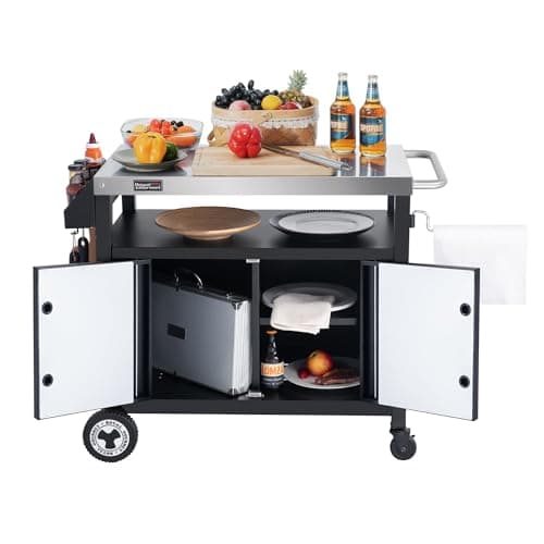 Outdoor Grill Cart with Wheels, Movable Kitchen Island with Storage Cabinet for BBQ, Stainless Steel Dining Cart Table for Food Prep, Black, PC3403S-SC