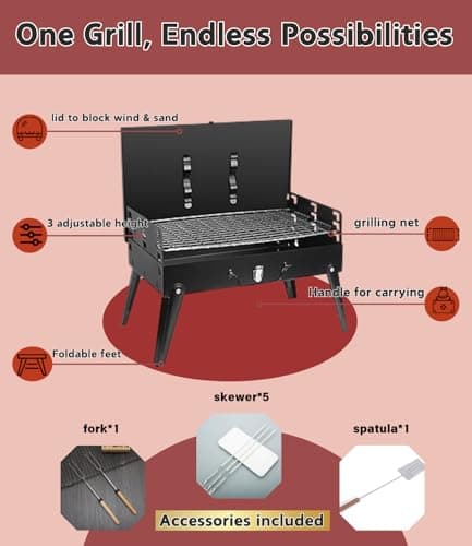Portable Charcoal Grill Kit - 17.3" Folding BBQ Grill, Adjustable Heights,5 Skewers, 1 Spatula, 1 Fork, Mini Tabletop Grill, Small Grill Outdoor for Camping, Grilling Backyard, RV, Tailgating, Picnic