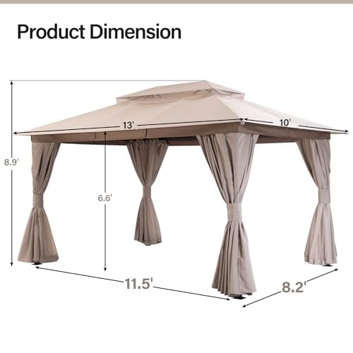 LAUSAINT HOME Outdoor Patio Gazebo 10'x13' with Expansion Bolts, Heavy Duty Gazebos Party Tent Shelter with Double Roofs, Mosquito Nets and Privacy Screens for Backyard, Garden, Lawn, Khaki