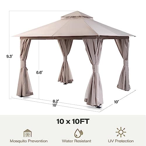 LAUSAINT HOME Outdoor Patio Gazebo with Expansion Bolts, Double Roof Soft top Gazebos Shelter Party Tent with Mosquito Nettings and Privacy Screens for Backyard, Deck, Garden, Lawn (10x10, Khaki)