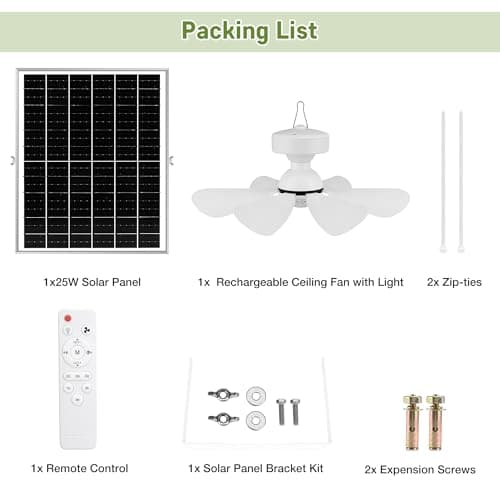 Solar Ceiling Fan Kit, 25W Solar Powered Rechargeable Ceiling Fan with Light for Outdoor Gazebo Canopy Tent, with 32Wh/10000mAh Battery Backup, Remote Control