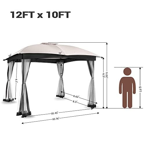 FAB BASED 10x12 Gazebo, Double Vent Canopy Gazebo for Outdoor with Privacy Netting, Easy Setup Patio Pavilion with Steel Frame Strong Legs for Lawn, Backyard, Deck (Ash Grey)