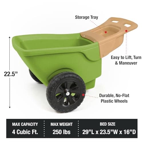 Simplay3 Easy Haul Wheelbarrow with Garden Tool Storage Tray, Durable Heavy-Duty Plastic Wheelbarrow with Large Easy Turn Wheels - Green, Made in USA…