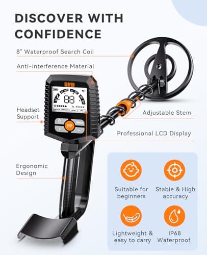 SUNPOW Metal Detector for Adults & Kids, Kids Metal Detector Waterproof for Gold Detecting, Stable Anti-Interference, Higher Accuracy, Bigger LCD Display, 4 Modes, IP68 Search Coil, OT-MD13