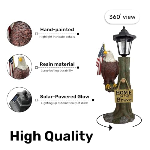 14x6 Inch Eagle Outdoor Solar Statue, Home of The Brave Outdoor Decorative Sculpture, Garden Decoration Outdoor Waterproof, Eagle Statue with American Flag for Patios, Yards, and Gardens
