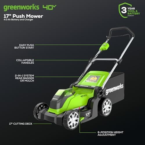 Greenworks 40V 17" Cordless (Push) Lawn Mower (75+ Compatible Tools), 4.0Ah Battery and Charger Included