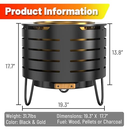 Low Smoke Fire Pit, 19 Inch Stainless Steel Portable Fire Pit for Wood Burning, Outdoor Fire Pit Perfect for Camping or Backyard, Includes Fire Poker, Stand, Cloth Cover and Grill Rack