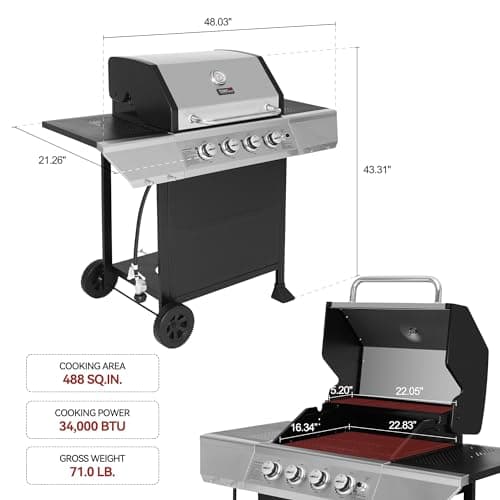 Royal Gourmet 4-Burner Propane Gas Grill with Warming Rack, Outdoor BBQ Grill with 34,000 BTUs Output for Patio Garden Barbecue Grilling, Black & Silver