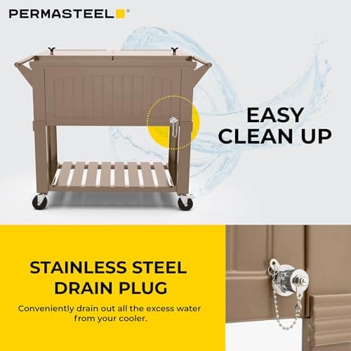 Permasteel 80-Qt Rolling Patio Cooler with Storage Shelf, Large Beverage Cart for Outdoor Entertaining, Backyard, Deck & Parties, Antique Teak Style, Taupe + Bonus Cover