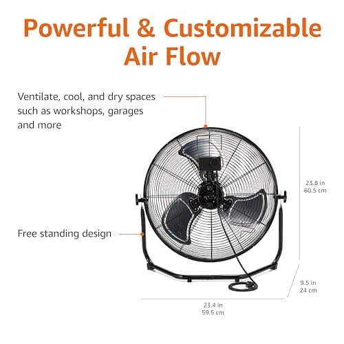 Amazon Basics 20" High Velocity Industrial Fan, Floor Fan, with 3 Speeds, Tilt Head, ETL-Listed Safety Compliance, Metal Housing/Blades, Ideal for Industrial/Commercial Space/Garage/Gym, 125W, Black