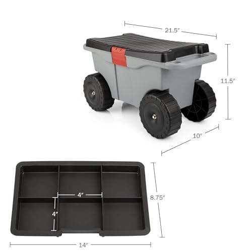 Pure Garden Rolling Garden Cart with Seat - Plastic Storage with Bench and Interior Tool Tray - Gardening Stool for Weeding and Planting (Gray)