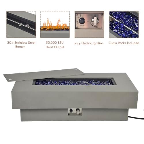 48-inch Fire Table with Natural Gas Conversion Kit, 50,000BTU Outdoor Modern Patio Fire Pit Table w/Rectangular Burner Lid, Glass Rocks, Cover