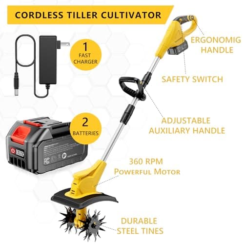 21V Cordless Tiller Cultivator, 360 Max RPM Cordless Electric Garden Tiller with 2 * 3.0 Ah Battery & Fast Charger, 9.06" Tilling Width, 6.3" Depth, Portable Rotary Tiller for Lawn Soil Cultivation