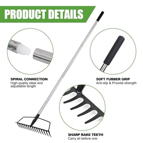 Garden Rake, Carbon Steel Sturdy and Heavy Duty Carbon Rake, Bow Rake with Adjustable Stainless Steel Handle, Long Hand for Loosening Soil Leveling Mulch Gathering Leaf
