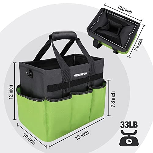 WORKPRO Garden Tool Bag Organizer, Heavy Duty Gardening Tote Bag with 10 Pockets and Long Adjustable Shoulder Strap, Standable Garden Home Tool Kits Organizer, Green