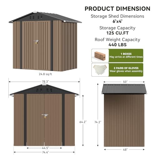 COMHOMA Shed Outdoor Storage Shed Metal,Lockable Doors Tool Sheds with Sloping Roof,Steel Garden Shed with Air Vent for Backyard,Patio,Lawn,Poolside (Brown, 6x4)